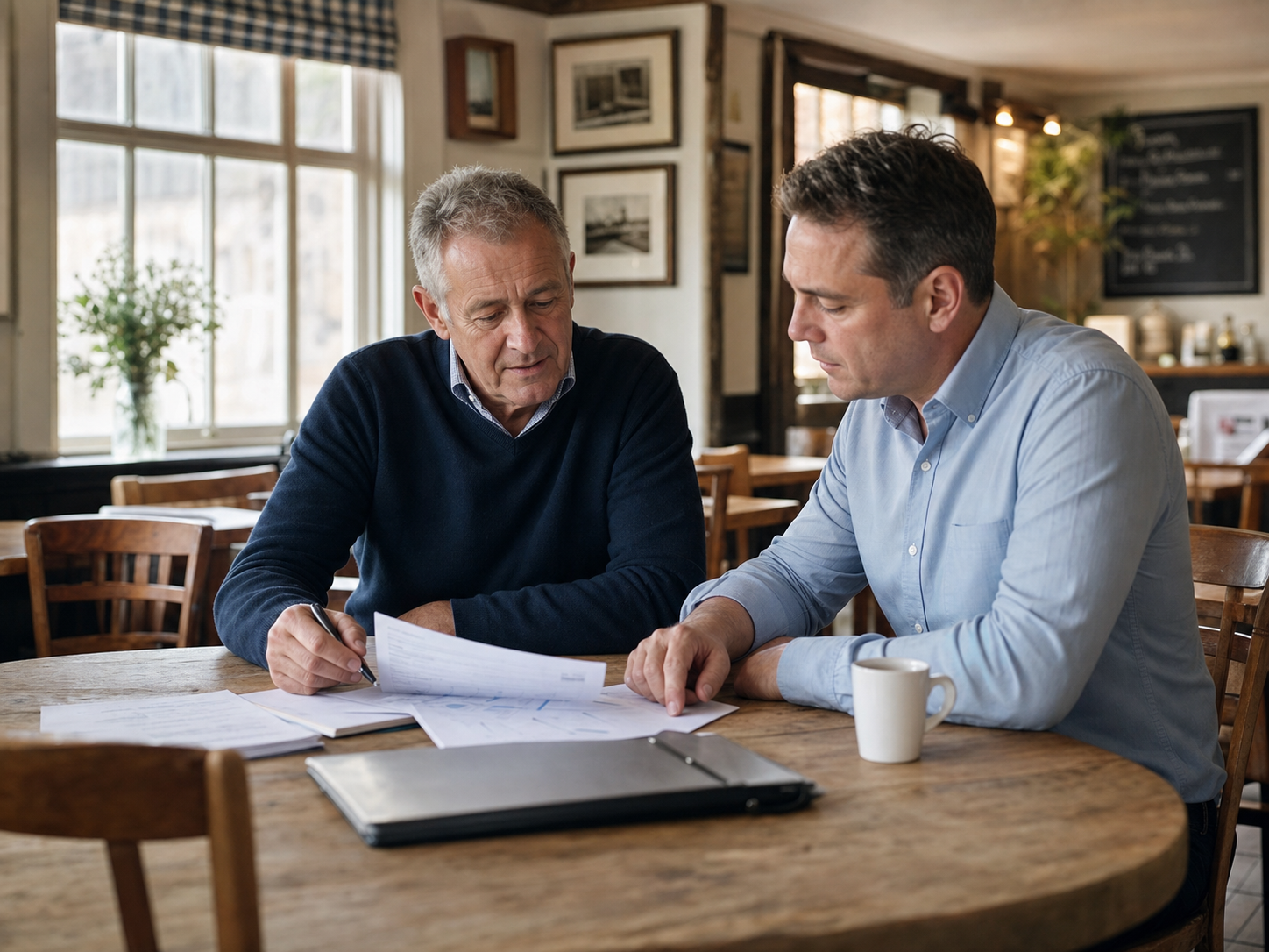 A business owner reviewing plans in a modest British venue